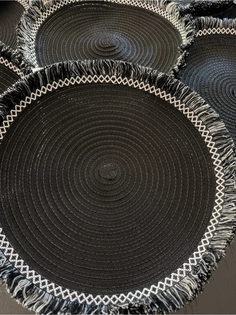 Round Black Woven Placemat with White Fringe Detail Set of 8